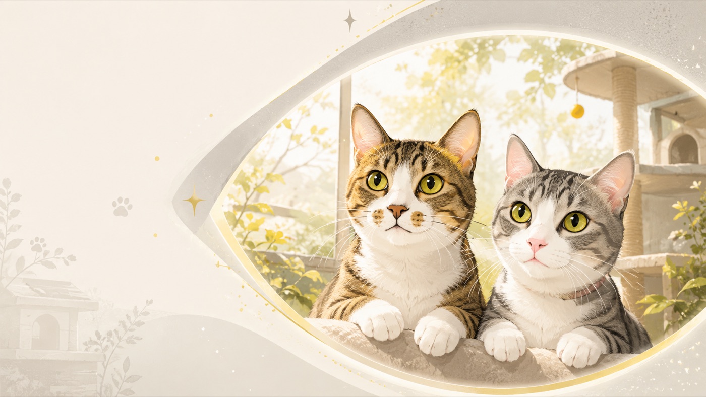 明るい景色へ歩く二匹の猫